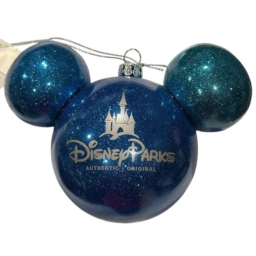 RARE Disney Parks Mickey‎ Icon Ears Glittery Glitter Glass Ball Blue Ornament